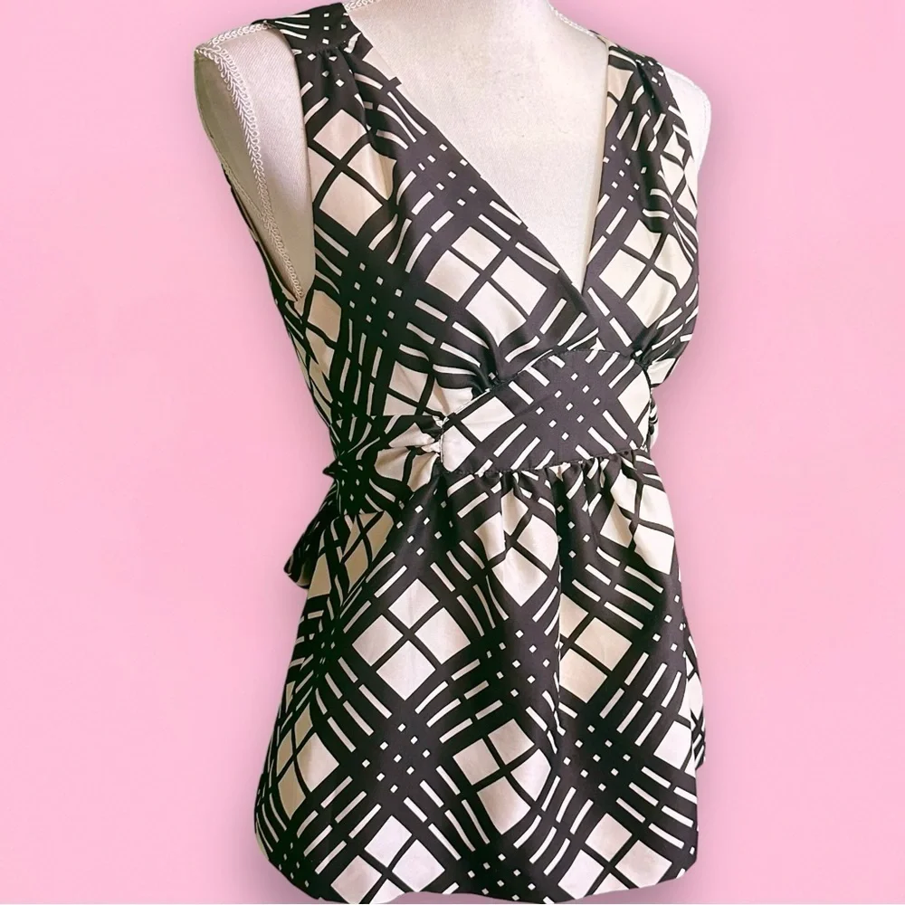 J. Crew Black & Cream Picnic Plaid A-Line Flounce Silk Top With Tie Back Size 2